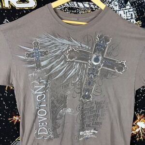 Devotion Cross Wings Graphic T-Shirt Brown Y2K Grunge Cyber Goth Tee Mens XL
